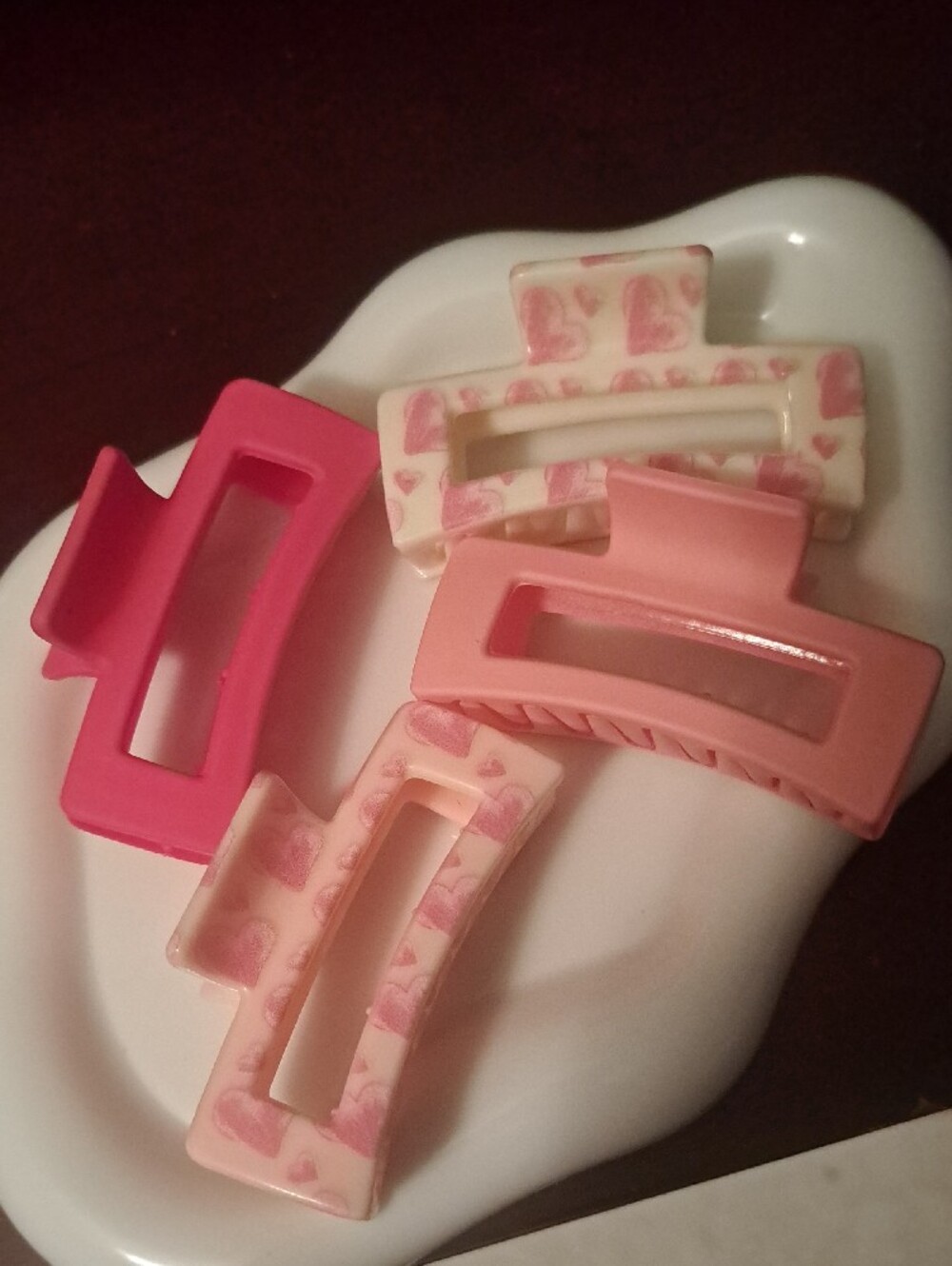 Set of 4 Pink Rectangle Hair Claw Clips with Hearts | Brand New